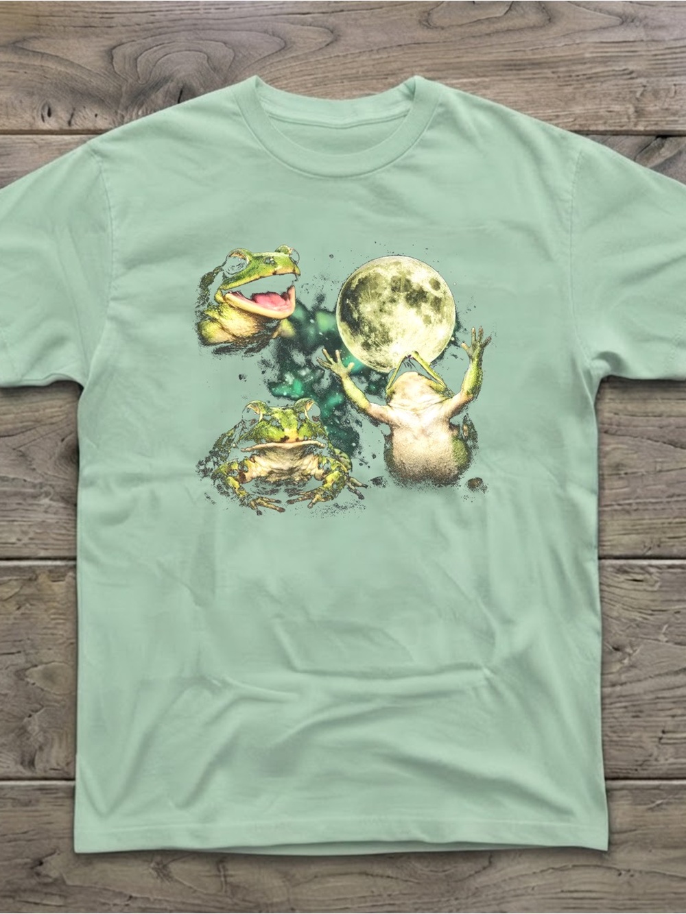 Frog Moon Graphic Print Gildan T-shirt Sage Green Casual Top